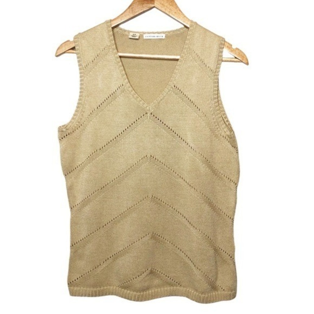 Cutter & Buck Tan Beige V-Neck Chevron Pointelle Knit Sweater Womens Vest Size S - Picture 2 of 8